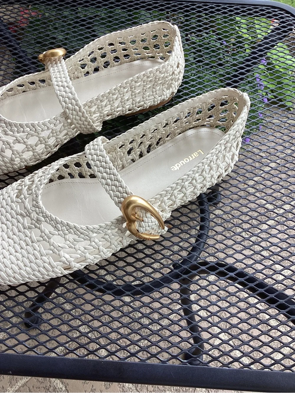 Larroude Woven Mary Jane Dress Shoes for Kids in Cream with Gold Buckle